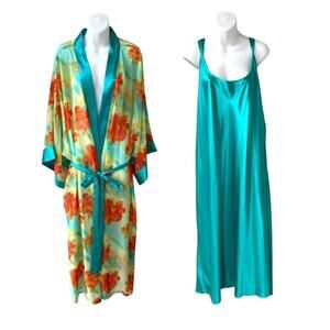 Serenada Floral Green Kimono Robe Slip Gown Adj Straps 34W/36W 5X Intimates